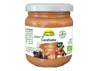 Crema de cacahuete bio con pasas y canela molida en molino de piedra, de Granovita